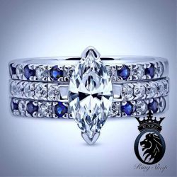 White Gold Sapphire Accented Marquise Diamond Engagement Ring Set