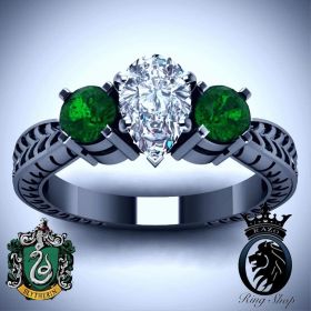 Slytherin Inspired Three Stone Emerald Black Gold Engagement Ring