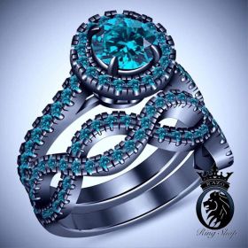 Vintage Aquamarine on Black Gold Infinity Engagement Ring Set