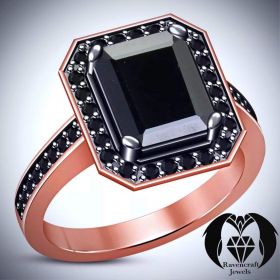 Emerald Cut Black Diamond Halo Rose Gold Engagement Ring