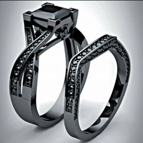 Princess Cut Black Diamond and Black Gold Engagement Ring Bridal Set