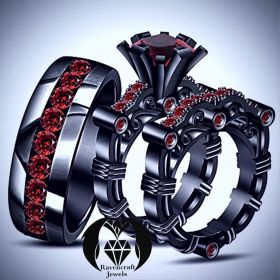 Elegant Vampire King and Queen Ruby on Black Gold Wedding Ring Set