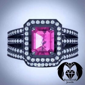 Emerald Cut Pink Diamond Black Gold Engagement Ring Set