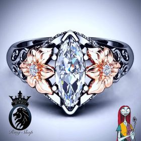Nightmare Before Christmas Sally Marquise Black and Rose Gold Floral Engagement Ring