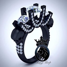 Dual Skulls and Triple White Swarovski Diamonds on Black Gold Engagement Deluxe Ring  