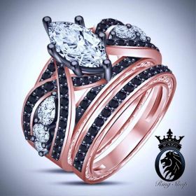 Marquise Cut Rose Gold Black and White Diamond Engagement Ring Set