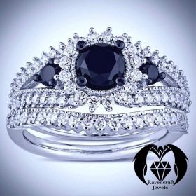 Black Diamond on White Gold Royal Engagement Ring Set