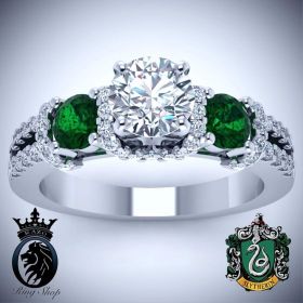 Harry Potter Slytherin White Gold Diamond and Emerald Engagement Ring