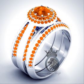 BB-8 Droid Inspired Orange Swarovski Sapphire on Sterling Silver or White Gold 3 Ring Engagement Bridal Set