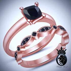 Petite Cushion Cut Simple Rose Gold and Black Diamond Engagement Ring Set