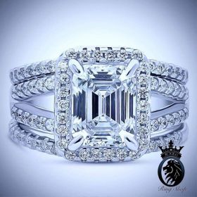 Emerald Cut Diamond White Gold Triple Ring Vintage Engagement Ring Set