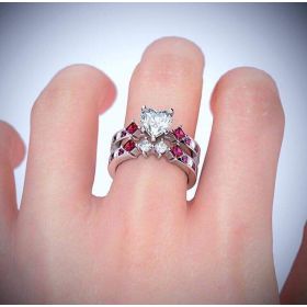 Heart and Princess Cut Ruby White Gold Engagement Ring Set