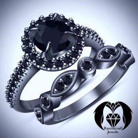 Queen of the Night Black Diamond on Black Gold Engagement Ring Set