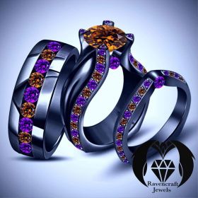 Halloween King and Queen Black Gold Wedding 3 Ring Set