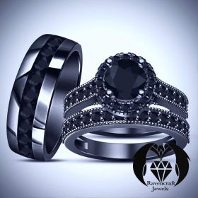 Black Gold Black Diamond His and Hers Gothic Engagement Wedding Ring Set