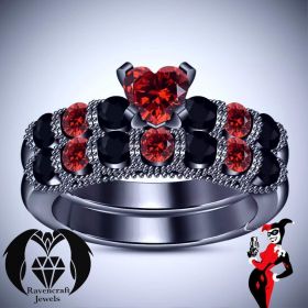 Harley Quinn Ruby Heart and Black Diamond on Black Gold Engagement Ring