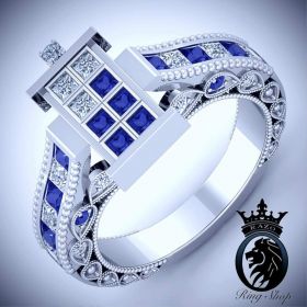 Doctor Who TARDIS Inspired White Gold Diamond Sapphire Engagement Ring
