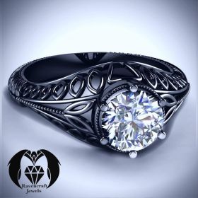 Vintage Black Gold Solitaire Diamond Filigree Engagement Ring