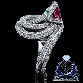 “The Forbidden Fruit” - Hand-sculpted White Gold Emerald and Ruby Serpent Ring
