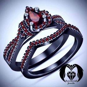 Vampire Blood Drop Ruby on Black Gold Engagement Ring Set