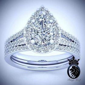 Pear Cut White Diamond White Good Halo Engagement Ring Set