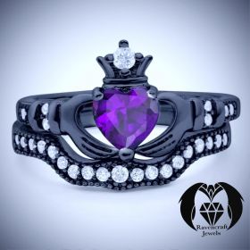 Amethyst Claddaugh Queen Black Gold Engagement Ring Set