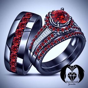 His and Hers Ruby and Diamond on Black Gold Gothic Vampire Engagement Ring Set