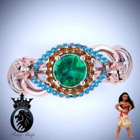 Princess Moana Inspired Emerald Citrine and Aquamarine on Rose Gold Engagement Ring