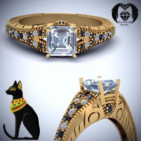 Bastet Egyptian God Gold Black & White Diamond Engagement Ring