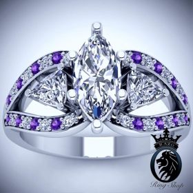 Marquise and Trillion cut Diamond and Amethyst Vintage Engagement Ring