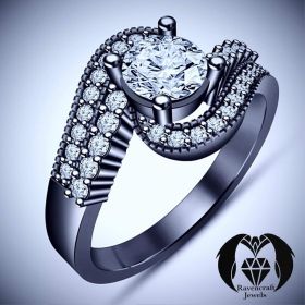 White Diamond Swirl Black Gold Engagement Ring