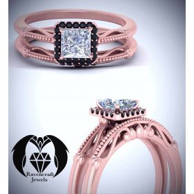 Black Diamond Halo Victorian Princess Rose Gold Engagement Ring Set