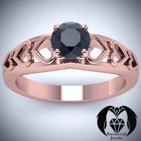 Black Diamond Solitaire on Rose Gold Hearts Engagement Ring