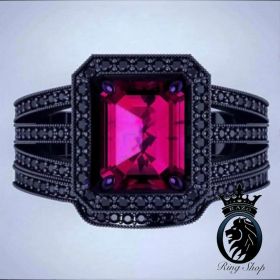 Blood Ruby Emerald Cut Black Diamond Engagement Ring