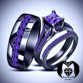 Black Gold His and Hers Purple Amethyst Engagement Ring Set