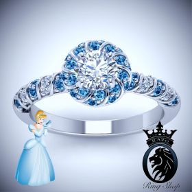 Cinderella Ball Dress Inspired Aquamarine Diamond Halo Engagement Ring