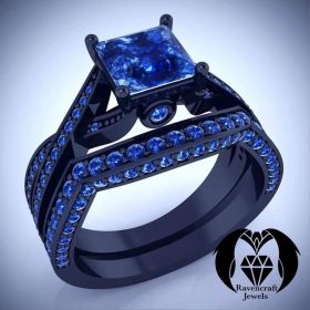 Princess Cut Sapphire Black Gold Engagement Ring Set