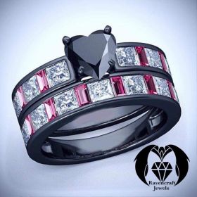 Black Heart Diamond and Pink Ruby Engagement Ring Set
