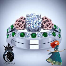 Disney Brave Princess Merida Emerald Diamond Engagement Ring Set