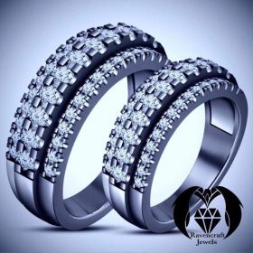 His and Hers Black Gold White Diamond Engagement Band Ring Set
