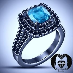 Eye of the Storm Aquamarine and Black Diamond Black Gold Engagement Ring