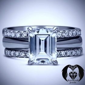 3 Ring Petite Emerald Cut Diamond Black Gold Engagement Ring Set