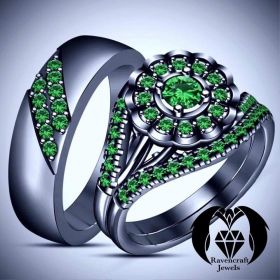 Men and Women’s Emerald on Black Gold 3 Ring Engagement Set