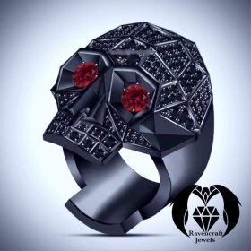 Black Diamond and Ruby Black Gold Skull Ring