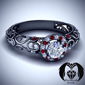 Fallen Angel Gabriel Black Gold Ruby Diamond Halo Engagement Ring
