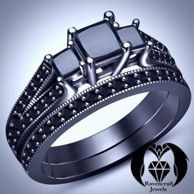Three Stone Princess Cut Black Diamond Black Gold Engagement Ring Set