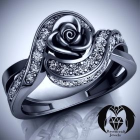 Gothic Lolita Black Gold Rose and Diamond Engagement Ring