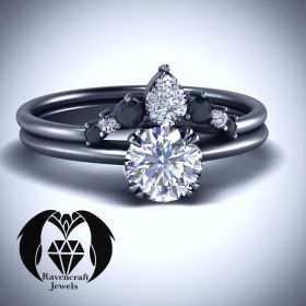 Gothic Petite Pear Cut Black Gold Crown Engagement Ring Set