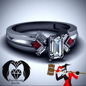 Harley Quinn Inspired Black Gold Ruby Baguette Diamond Engagement Ring