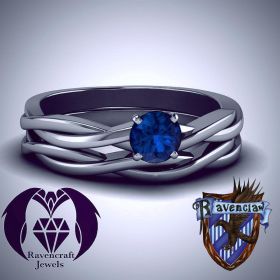Harry Potter Ravenclaw Black Gold Sapphire Solitaire Engagement Ring Set
